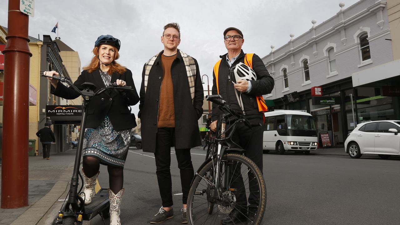 Alderman Louise Bloomfield, Tim Jarvis owner of Fullers Bookshop, Councillor John Kelly who are hoping for a compromise with the proposed bike lanes in Collins Street. Picture: Nikki Davis-Jones