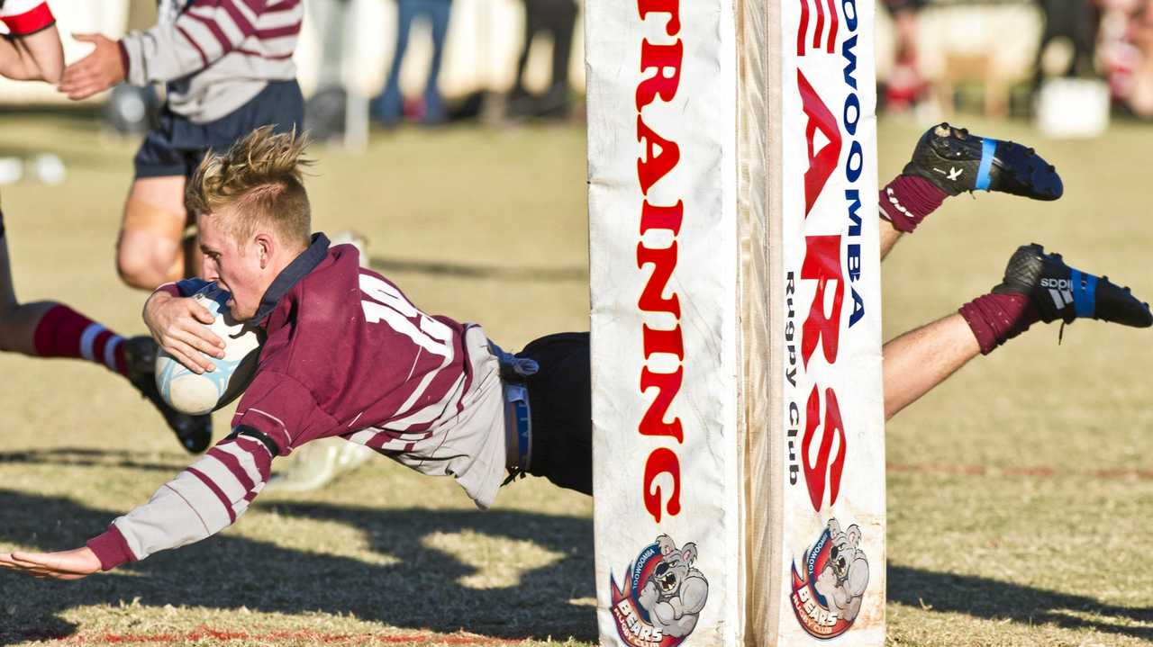 TRY TIME: Toowoomba Bears Declan Wheeler scores a try in his side's 24-21 Risdon Cup win over Toowoomba Rangers. Picture: Nev Madsen