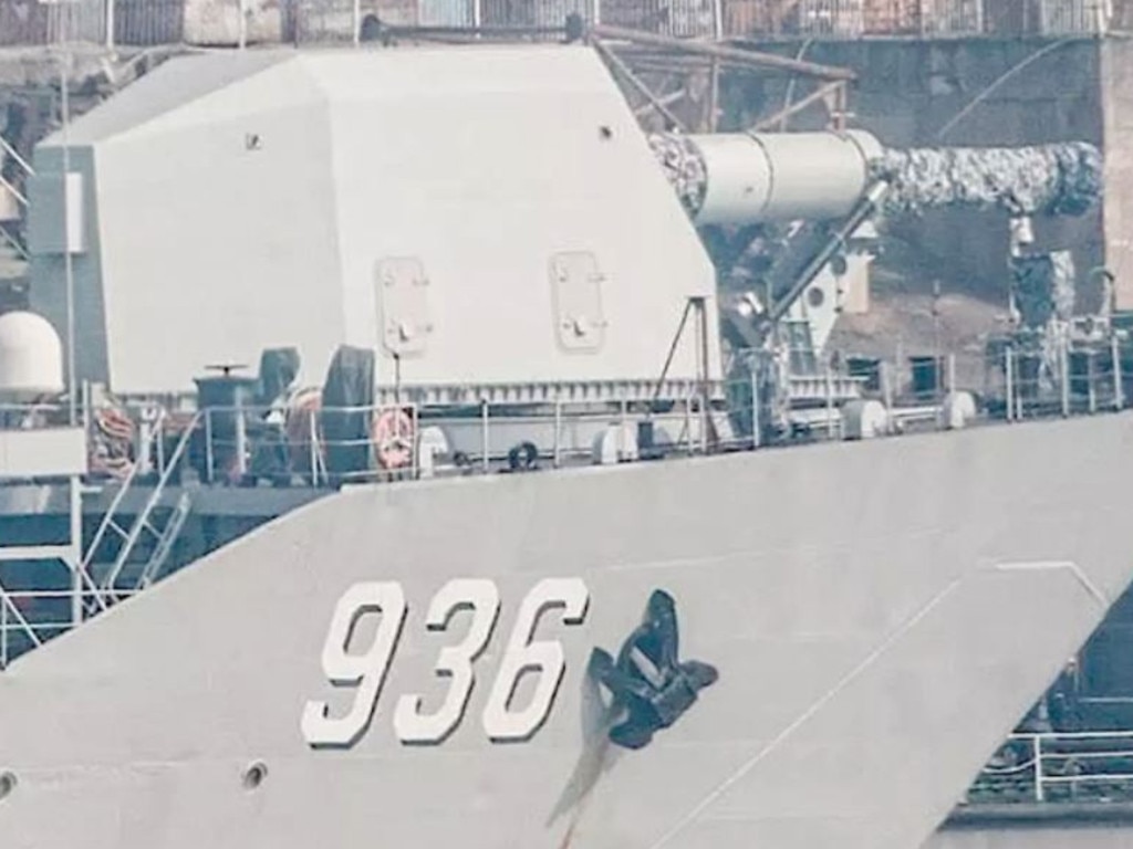 The experimental Haiyangshan with a rail gun mounted on its bow at the Wuchang shipyard in China's central Hubei province. 