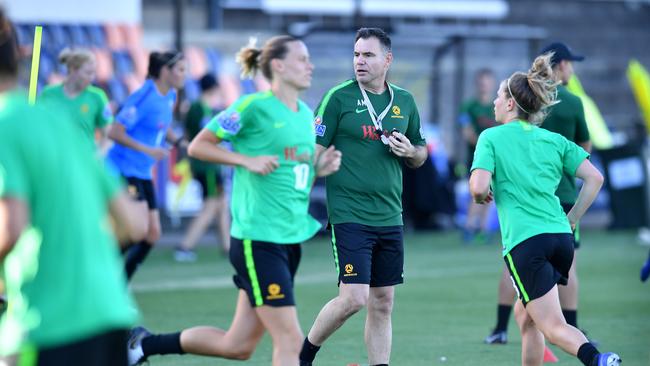 Coach Ante Milicic (C) oversees Matildas training — their opening match will now be at Leichhardt Oval. Picture: AAP