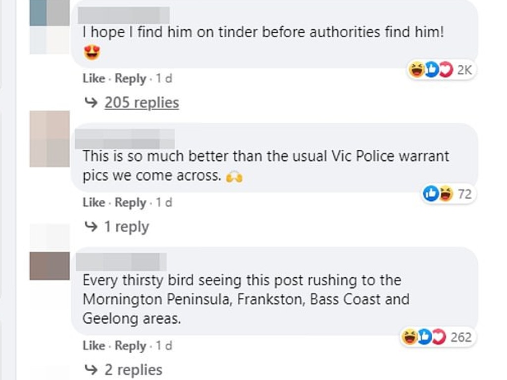 After Victoria Police released a photo of the alleged criminal on social media, plenty of women found him attractive. Picture: Facebook