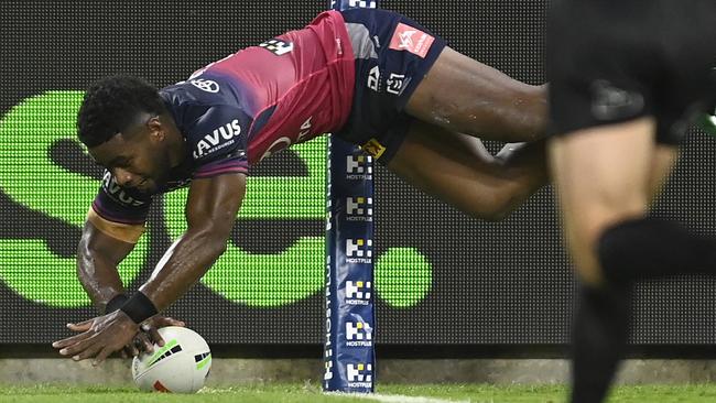 Semi Valemei scores a try against the Parramatta Eels during round 21. Townsville, Australia. (Photo by Ian Hitchcock/Getty Images)