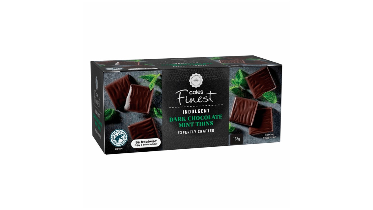 <h2><a href="https://www.coles.com.au/product/coles-finest-mint-thins-135g-8013640" target="_blank" rel="noopener">Coles Finest Mint Thins, $4.50 from coles.com.au</a></h2><p>There are always plenty of chocolate treats around at this time of year, and some can be pretty hard to resist. Not only are these treats made with a dark chocolate base of 65 per cent cocoa, but for less than 100 calories per serve, and &lt;4g of fat, are one of the lightest chocolate treats you can indulge in this festive season.</p><p class="button-common"><a title="x" href="https://www.coles.com.au/product/coles-finest-mint-thins-135g-8013640" target="_blank" data-cta="x" data-editable="true">Shop here</a></p>