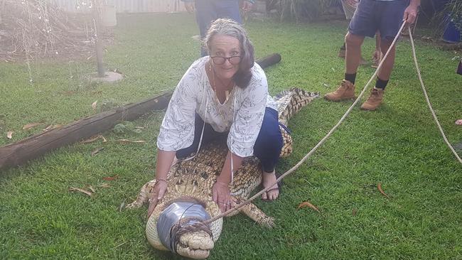 Nicola Collins sold Fat Boy the white croc to the new owners of Kakadu's Bark Hut in 2019, who re-sold the reptile to Outback Wrangler star Matt Wright. Picture: Facebook / Nicola Collins