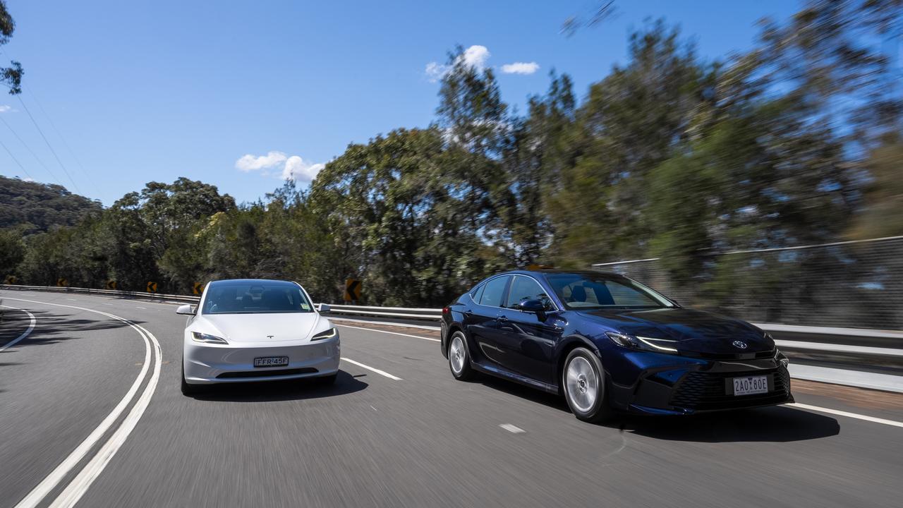 Tesla Model 3 and Toyota Camry Hybrid. Photo: Camber Collective