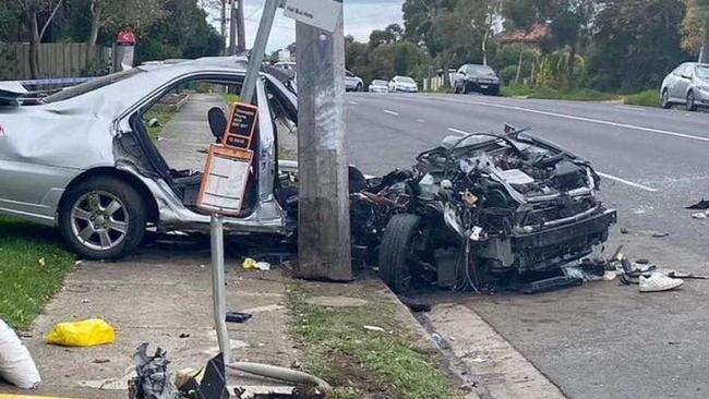 The crashed car which Oscar Mugerwa was driving in April 2023 on Murray Rd, Preston, Melbourne. Oscar later had to have the lower part of his right leg amputated. Supplied