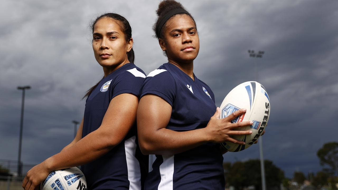 Parramatta Eels NRLW players Simaima Taufa and Sereana Naitokatoga at Aubrey Keech Reserve in Hinchinbrook. Picture: Jonathan Ng