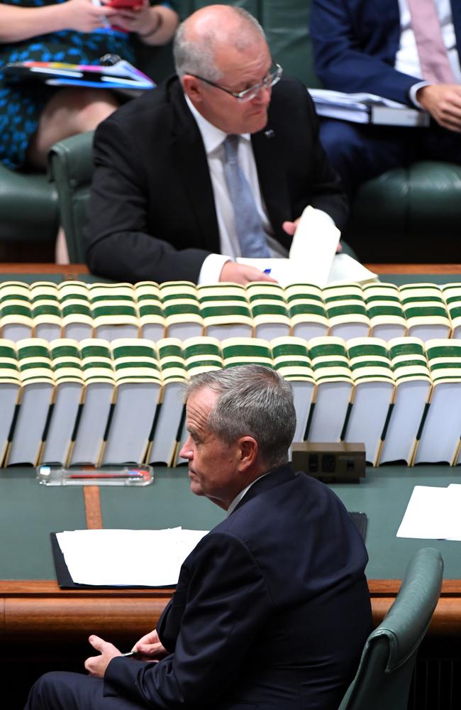 Prime Minister Scott Morrison (top) and opposition leader Bill Shorten (below) during Question Time this month. Picture: AAP 