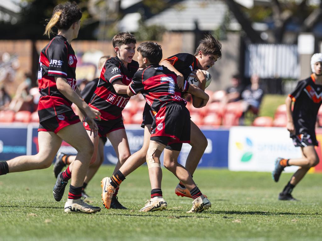 Harrison Parsons on the way to try for Southern Suburbs against Valleys in U13/14 boys Toowoomba Junior Rugby League grand final at Toowoomba Sports Ground, Saturday, September 7, 2024. Picture: Kevin Farmer