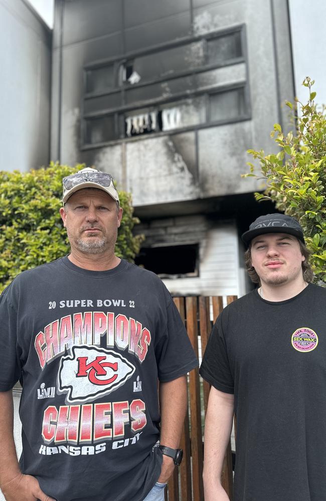 Olivia Cres residents Michael Wade, who raised the alarm, and Sebastian Hutchins who supported the people fighting the fire. Picture: Letea Cavander