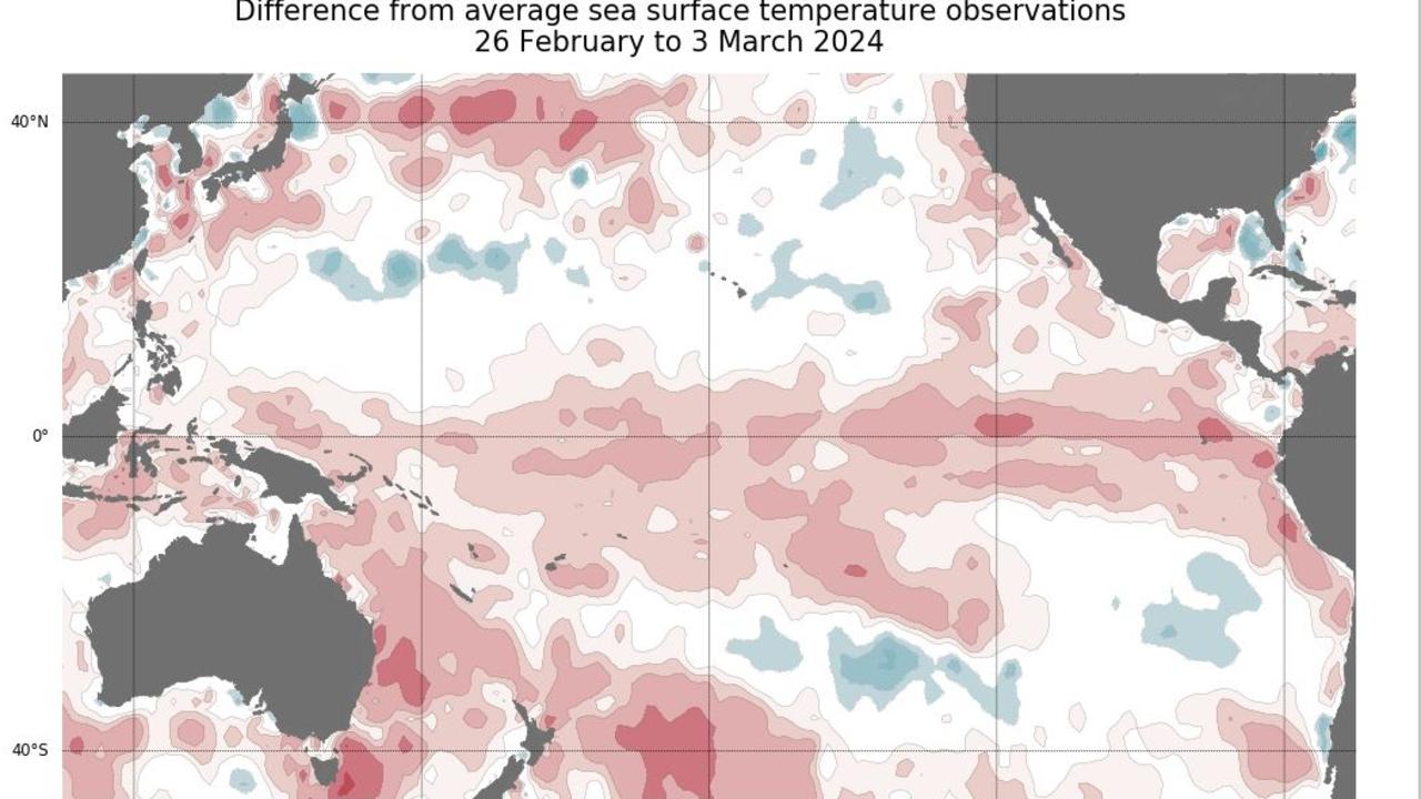 Sea Surface temperatures during late February were still in El Nino but they were cooling. Picture: BOM