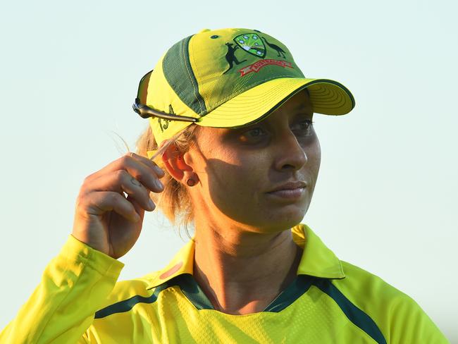 MACKAY, AUSTRALIA - SEPTEMBER 26: Ashleigh Gardner of Australia looks on during game three of the Women's One Day International series between Australia and India at Great Barrier Reef Arena on September 26, 2021 in Mackay, Australia. (Photo by Albert Perez/Getty Images)