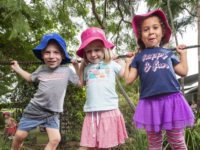 3 year olds Van Kurz, Anna Madden and Ruby Baguley-Gela playing at Everton Park Child Care which has been rated excellent by the Australian Children's Education and Care Quality Authority. Photo Lachie Millard