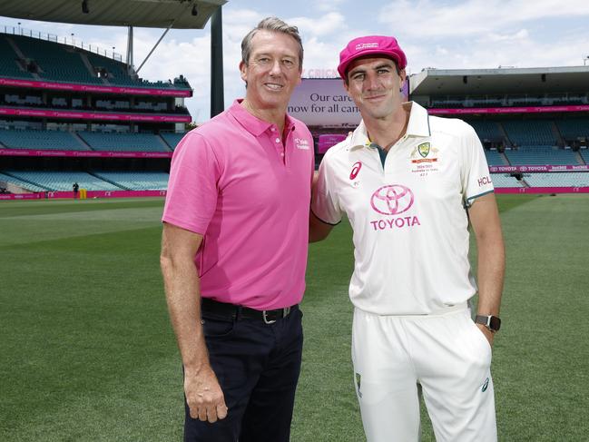 SYDNEY, AUSTRALIA - JANUARY 01: Glenn McGrath poses for a photo with Pat Cummins of Australia during McGrath Foundation media opportunity at Sydney Cricket Ground on January 01, 2025 in Sydney, Australia. (Photo by Darrian Traynor/Getty Images)