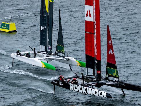 ROCKWOOL Denmark SailGP Team helmed by Nicolai Sehested ahead of Australia SailGP Team, Canada NorthStar SailGP Team, New Zealand SailGP Team, and Switzerland SailGP Team during a practice session ahead of the Rolex Los Angeles Sail Grand Prix held in the Port of Los Angeles, California, USA. Friday 14 March 2025. Rolex SailGP Championship Event 4 Season 2025. Photo: Simon Bruty for SailGP. Handout image supplied by SailGP