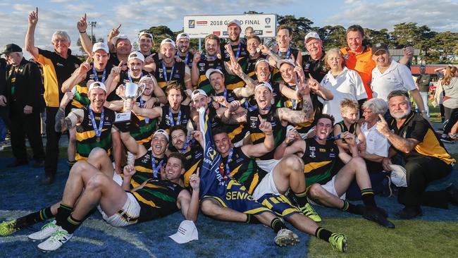 Dromana celebrate its MPNFL Division 2 grand final triumph over Red Hill at Frankston Park on Saturday. Picture: Valeriu Campan