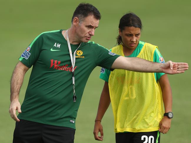 Coach Ante Milicic talks with Sam Kerr during an Australian Matildas training session. Picture: Chris Hyde/Getty Images