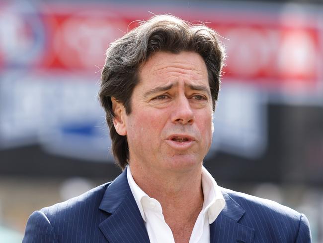 MELBOURNE, AUSTRALIA - SEPTEMBER 27: Gillon McLachlan, Chief Executive Officer of the AFL speaks to the media during the 2023 Grand Final Footy Festival Launch at Melbourne Cricket Ground on September 27, 2023 in Melbourne, Australia. (Photo by Dylan Burns/AFL Photos via Getty Images)