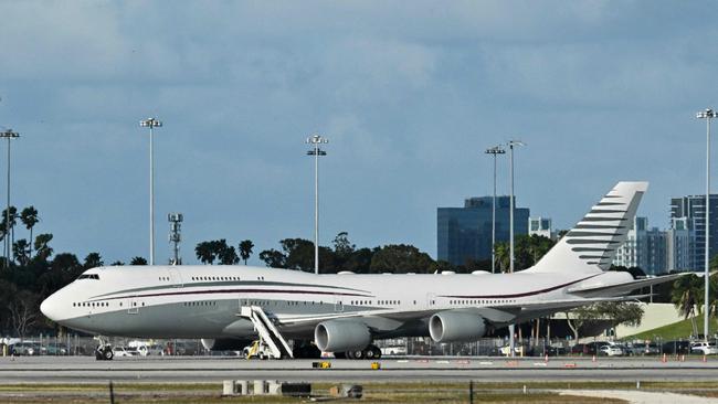 The Qatari Boeing 747 sits on the tarmac of Palm Beach International airport. Picture; AFP.