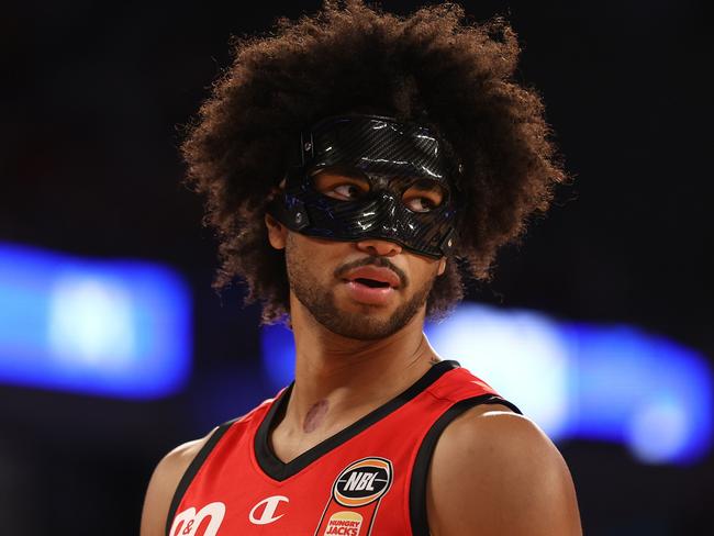 MELBOURNE, AUSTRALIA - NOVEMBER 09: Keanu Pinder of the Wildcats looks on during the round eight NBL match between Melbourne United and Perth Wildcats at John Cain Arena on November 09, 2024 in Melbourne, Australia. (Photo by Graham Denholm/Getty Images)