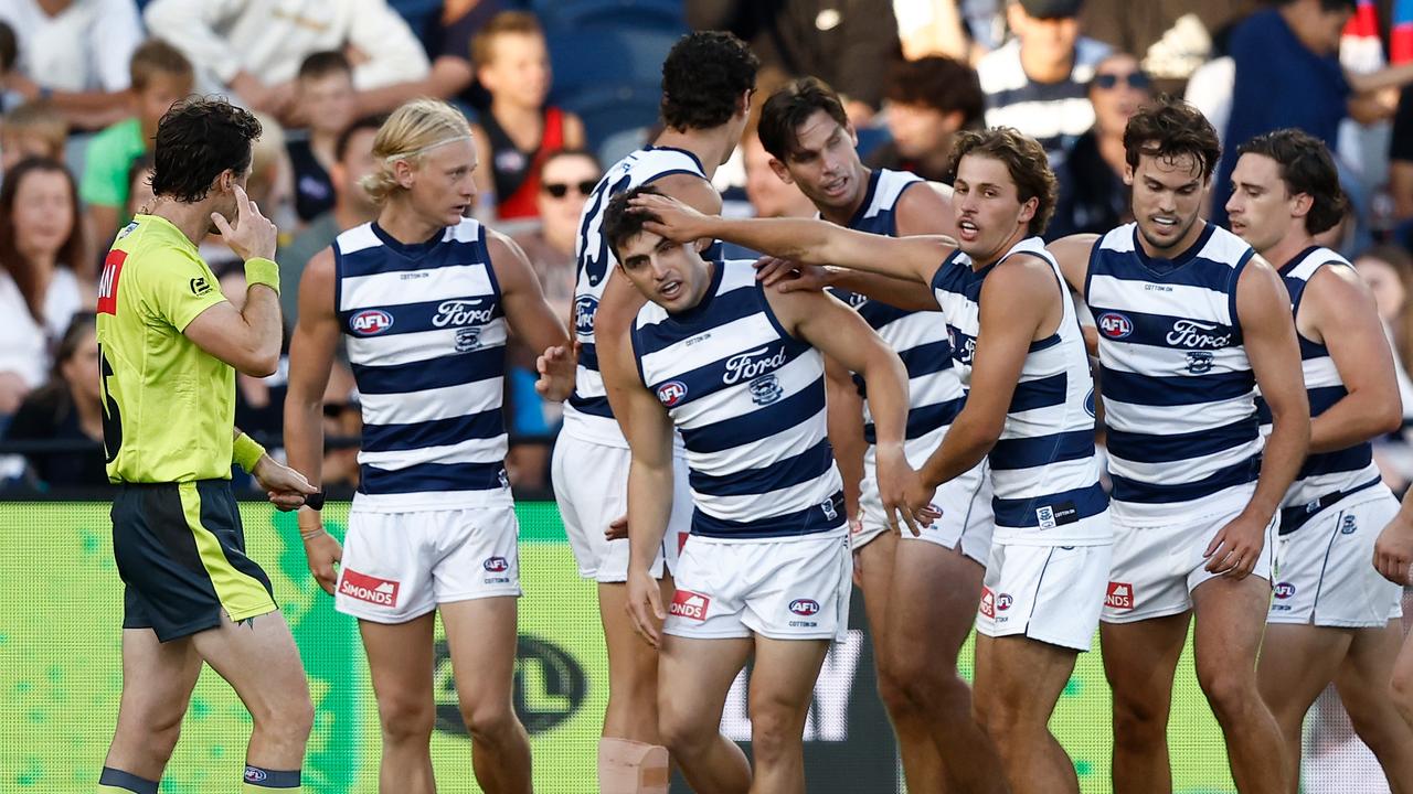 Shaun Mannagh celebrates a goal with teammates. Picture: Michael Willson/AFL Photos via Getty Images