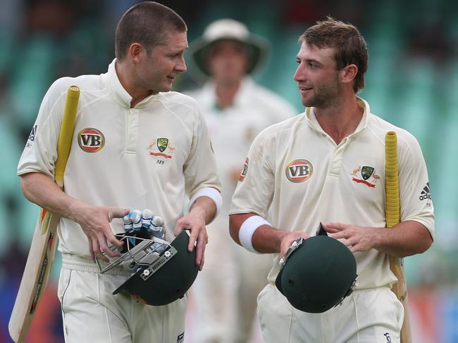 Michael Clarke and the man who hoped to replace him in the Australian team in late 2014, Phillip Hughes.
