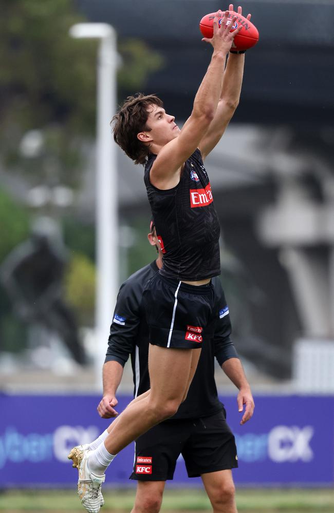 Collingwood draftee Charlie West leaps for a mark during pre-season training at Olympic Park. Picture: Mark Stewart