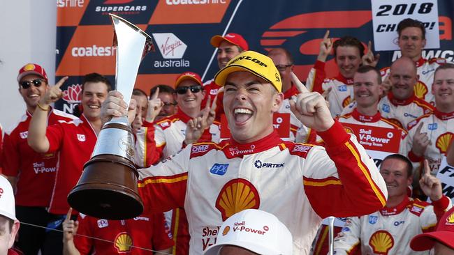 Scott McLaughlin celebrates winning the Supercars Championship for 2018.