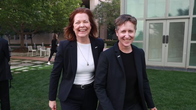 ACTU president Michele O'Neil and ACTU secretary Sally McManus at a press conference at Parliament House in Canberra after the defeat of the Ensuring Integrity Bill. Picture: Gary Ramage