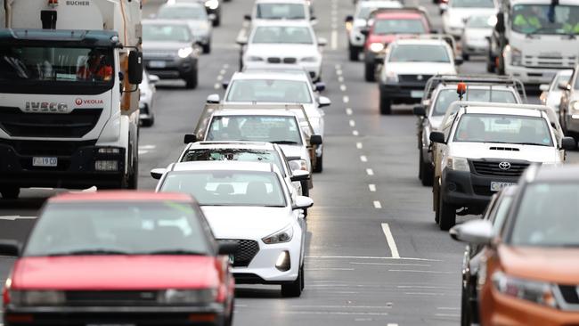 Traffic in Davey Street Hobart at around 8.45am on Monday. Traffic on the road is increasing again due to the easing of COVID-19 restrictions with the return to school for many students. Picture: NIKKI DAVIS-JONES