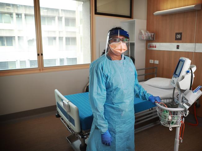 Dr Kavita Varshney wearing personal protective equipment at Westmead Hospital, where a man who returned from Iran tested positive for coronavirus. Picture: John Feder