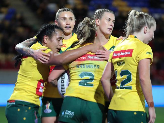 Sam Bremner celebrates one of her four tries for the Jillaroos. NRL Imagery