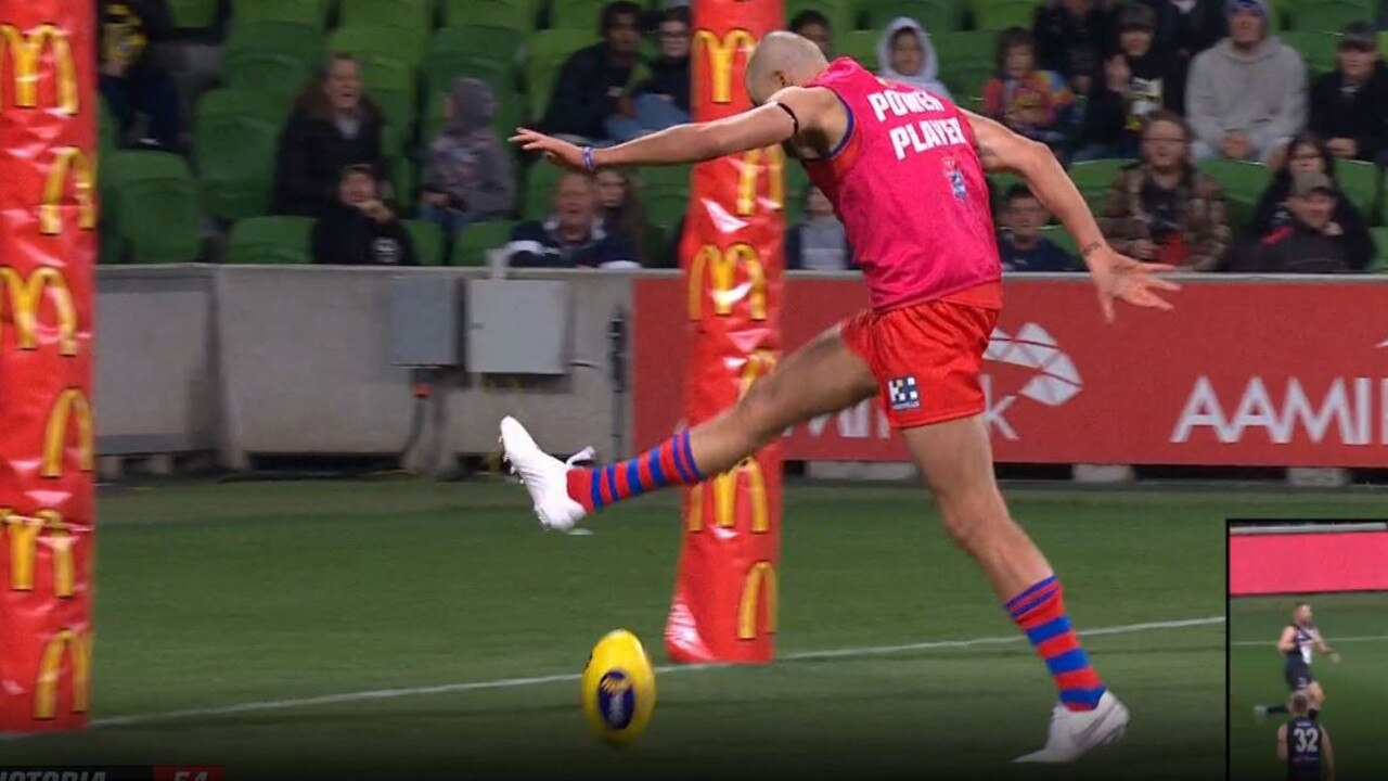 Radio personality Byron Cooke produced the worst five minutes of footy you'll ever see, topped off by this air swing from a metre out.