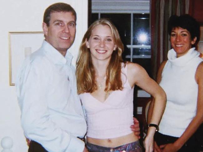 Prince Andrew, Virginia Giuffre, and Ghislaine Maxwell pose for a photo. Picture: Handout / US District Court — Southern District of New York (SDNY) / AFP