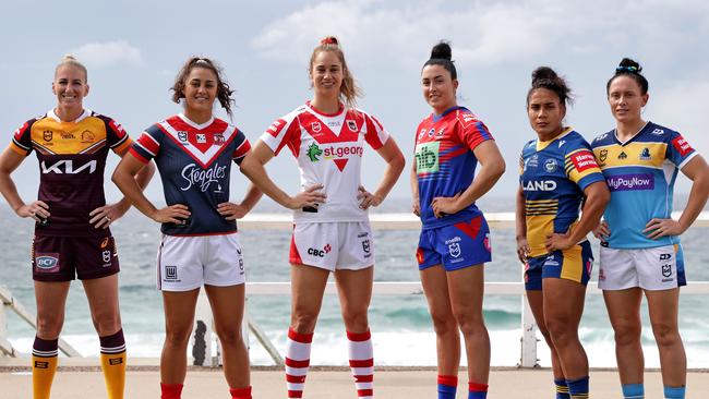 NRLW captains Ali Brigginshaw (Broncos), Corban Baxter (Roosters), Kezie Apps (Dragons), Romy Teitzel (Knights), Simaima Taufa (Eels) and Brittany Breayley-Nati (Titans). Picture: Toby Zerna