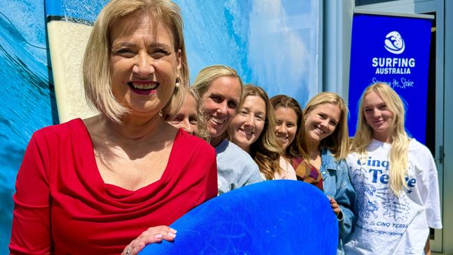 Federal Richmond MP Justine Elliot with Surfing Australia High Performance Director Kate Wilcomes, former world champ Chelsea Hedges, Hannah Jessup, Belen Alvarez-Kimble, Tru Starling and Phoebe Kane. Picture: Supplied.