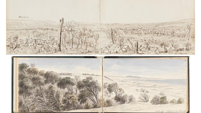 Von Guerard's Goldfields sketch, top, State Library of Victoria; Sandy Beach between the mouth of the Glenelg and Cape Bridgewater (1857)<i/>, above, State Library of NSW