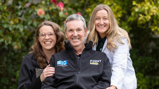 MND conference in Melbourne – Neale Daniher with daughter Rebecca Daniher and Dr Bec Sheean. Picture: Jason Edwards