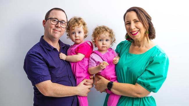 Lee and Marni Cochrane with the twins, who at two years are now thriving. Picture: Nigel Hallett