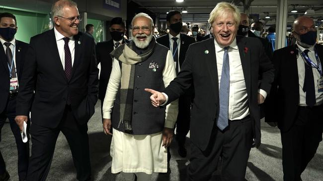 November 2, 2021: Prime Minister Scott Morrison with Boris Johnson (R) and Narendra Modi, Prime Minister of India (C) at the COP 26 Climate summit in Glasgow. Picture: Adam Taylor