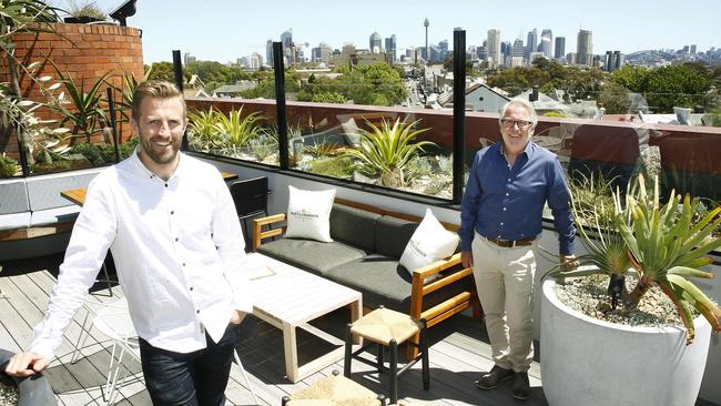 Kaine Bayfield and Marc Bayfield admire the view at the Light Brigade Hotel in Woollahra. Picture: John Appleyard