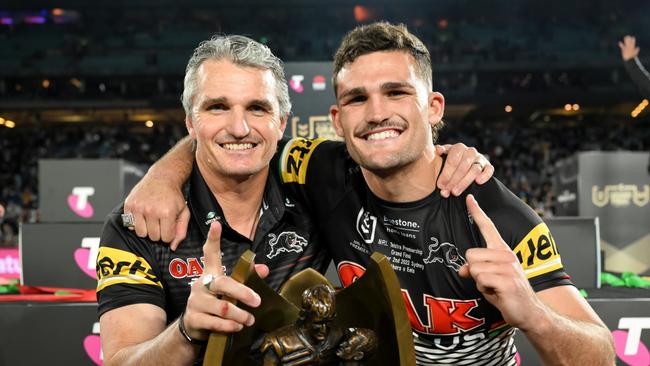 NRL 2022 GF Penrith Panthers v Parramatta Eels - Nathan Cleary, Ivan Cleary, Trophy, Celeb, Win. Credit NRL Photos