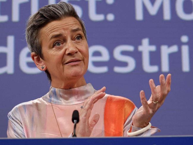 European Commission vice-president Margrethe Vestager addresses a press conference on an antitrust case at the EU headquarters in Brussels, on May 23, 2024. The EU on May 23, 2024 slapped a 337.5 million euro ($366 million) fine on Mondelez, the US confectioner behind major brands including Toblerone and Oreo, for restricting sales of products within the 27-country bloc. (Photo by Kenzo TRIBOUILLARD / AFP)