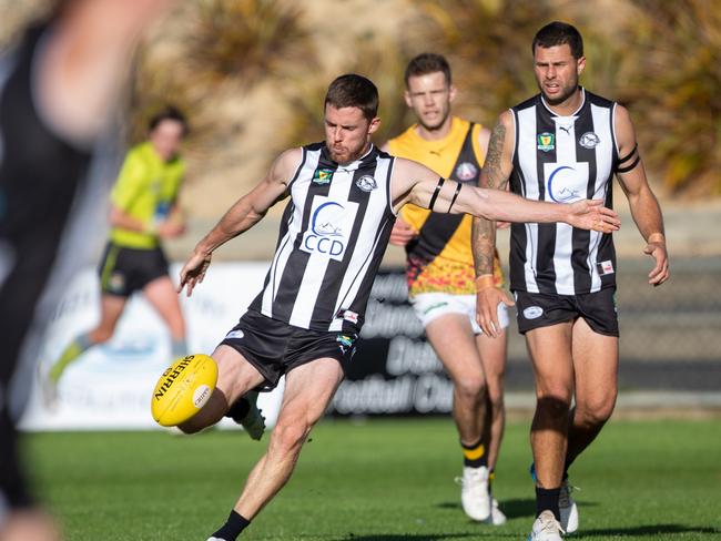 Jordan Hayden (Glenorchy) fires a kick in the Tasmanian State League (TSL). Picture: Solstice Digital.