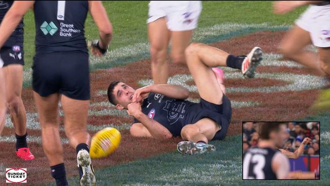 Adam Cerra was grounded by a hit from Sam Durham in the second quarter.