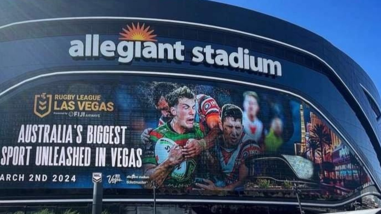 Allegiant Stadium in Las Vegas advertises the historic NRL double header in March. Credit: Twitter