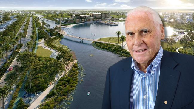 Composite artwork of Walker Corporation founder and executive chairman Lang Walker and the Riverlea estate which he officially opened this week. Picture: Russell Millard