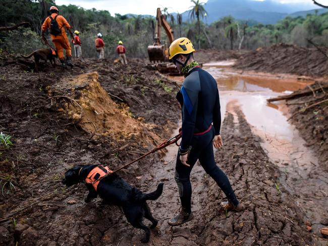 Searchers pick their way through mud, looking for bodies, after the Brumadinho disaster. Picture: AFP