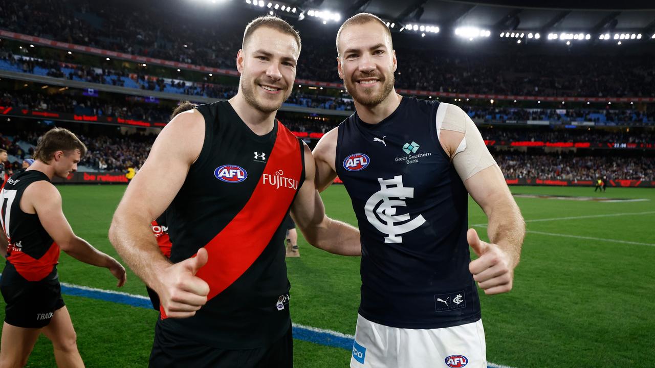 Ben McKay and brother Harry, who took bragging rights. Picture: Michael Willson/AFL Photos via Getty Images
