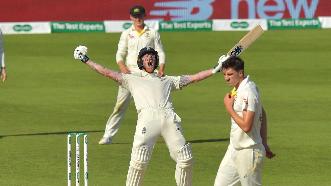 England's Ben Stokes celebrates hitting the winning in the third Ashes Test in 2019. Photo: AFP